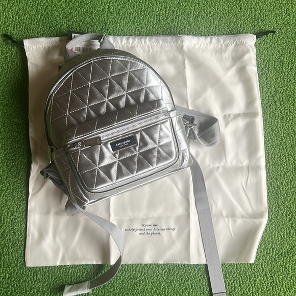 NWT Kate Spade Sam Icon quilted metallic grey back pack. Dust bag included - Picture 6 of 11